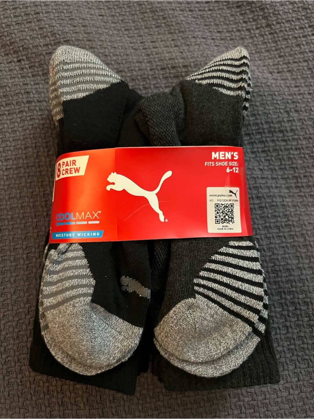 Puma Men's Black & Gray Athletic Crew Socks - 8 Pack